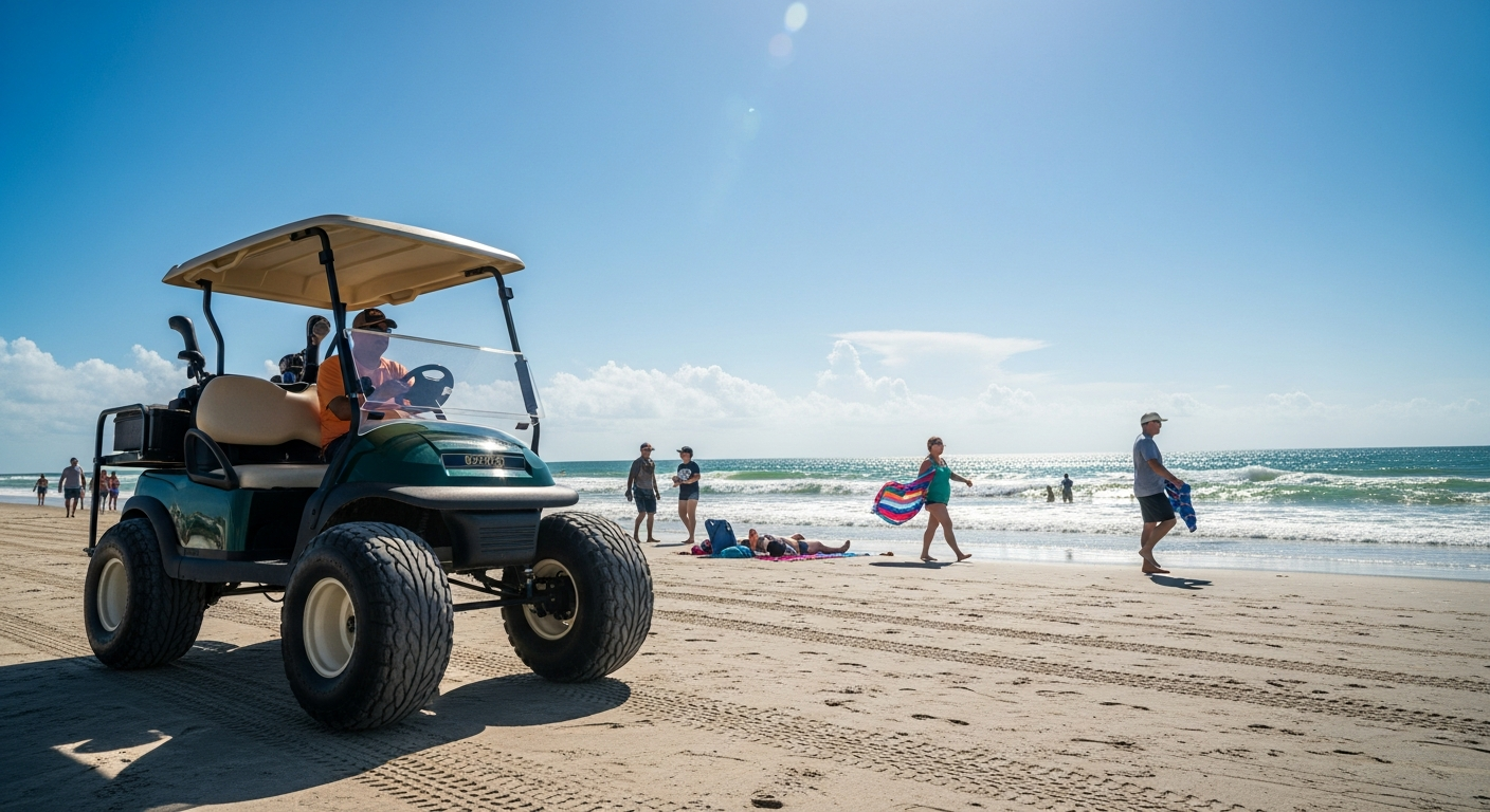 Golf cart on the hard-packed sand of Austin, Texas with ocean behind