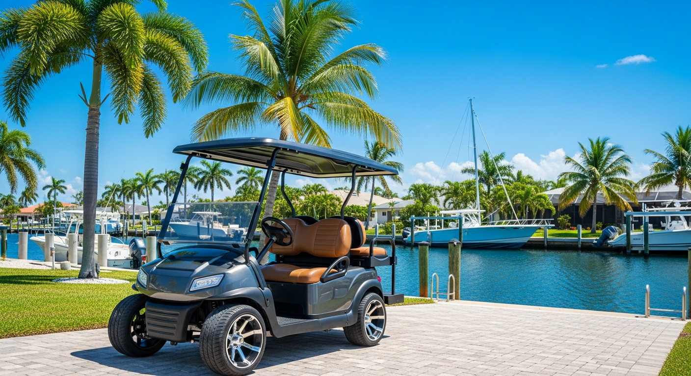 Golf cart parked beside a residential saltwater canal in Corpus Christi, Texas