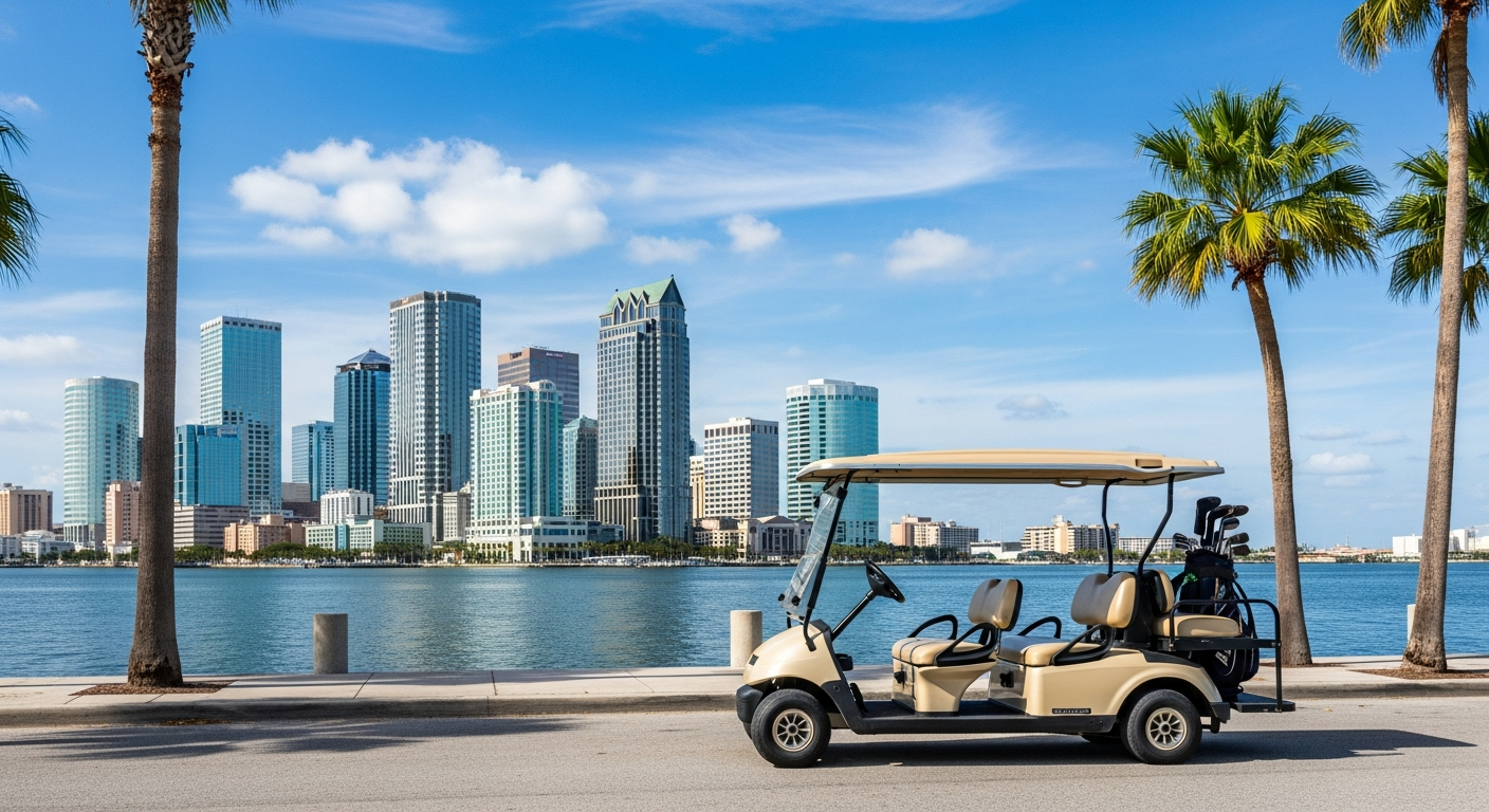 Golf cart parked on a Dallas lakeside path with the skyline behind