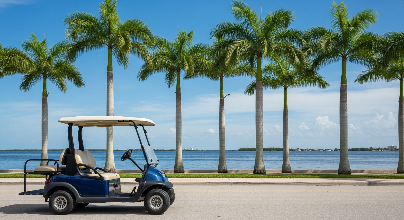 Family golf cart on a palm-lined riverfront boulevard in Galveston, Texas
