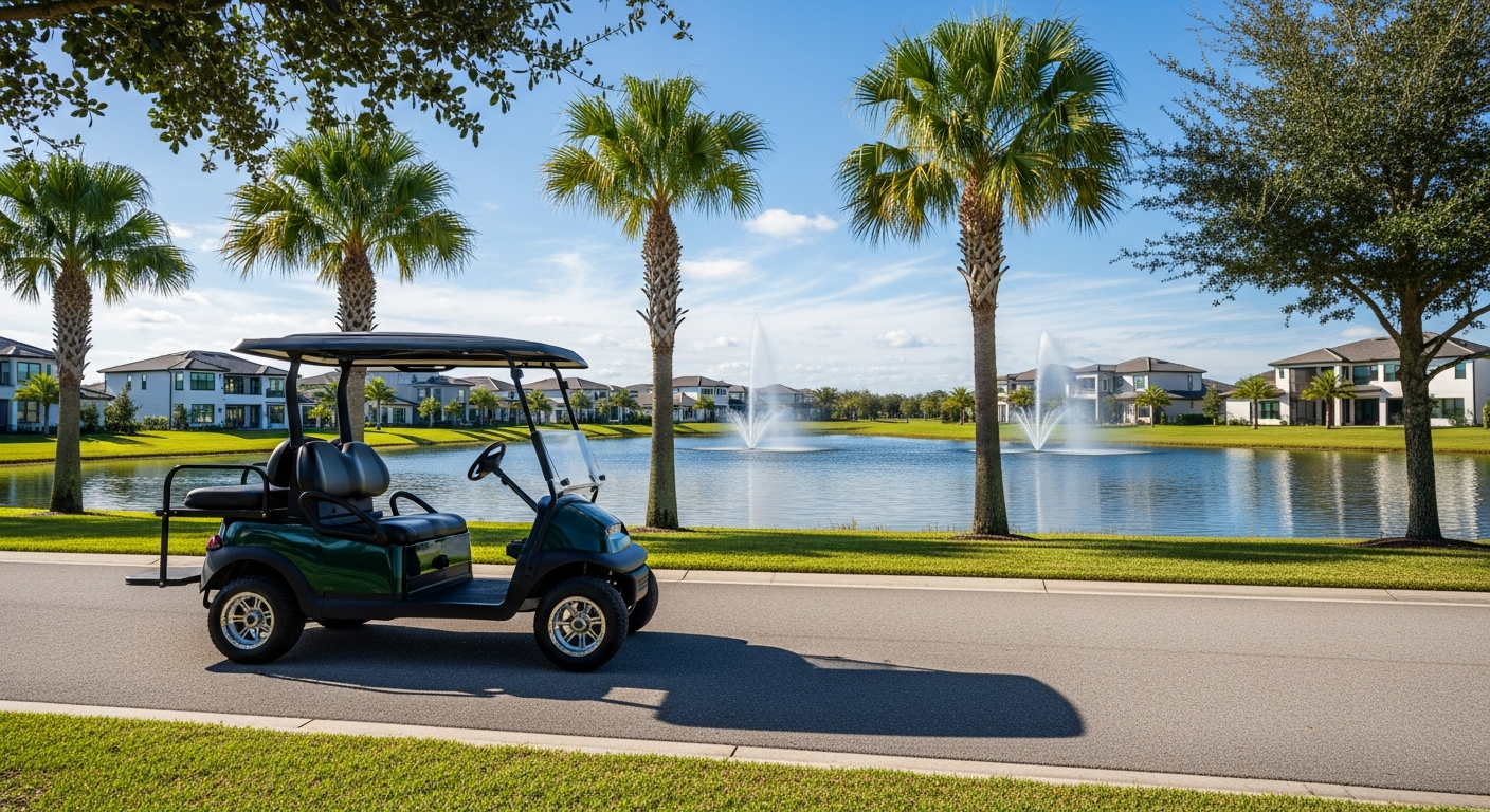 Electric golf cart on a path in a master-planned Houston, Texas community