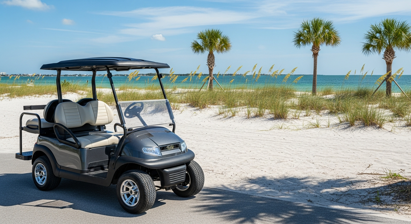 Modern golf cart parked near a white-sand bayfront in San Antonio, Texas