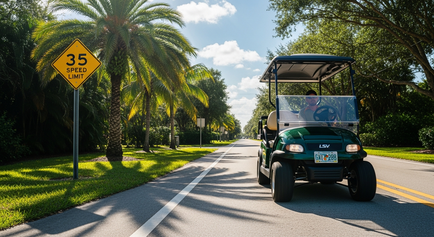 Street-legal LSV golf cart with lights and plate on a 35 mph Texas road