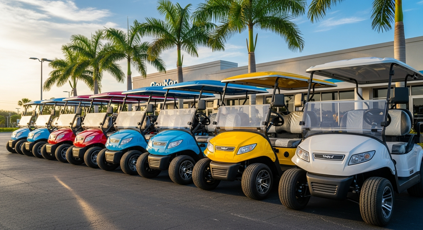 Row of new street-legal golf carts for sale at a sunny Texas dealership lot
