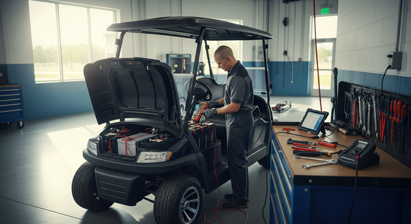 Technician servicing the lithium battery of an electric golf cart in a Texas shop