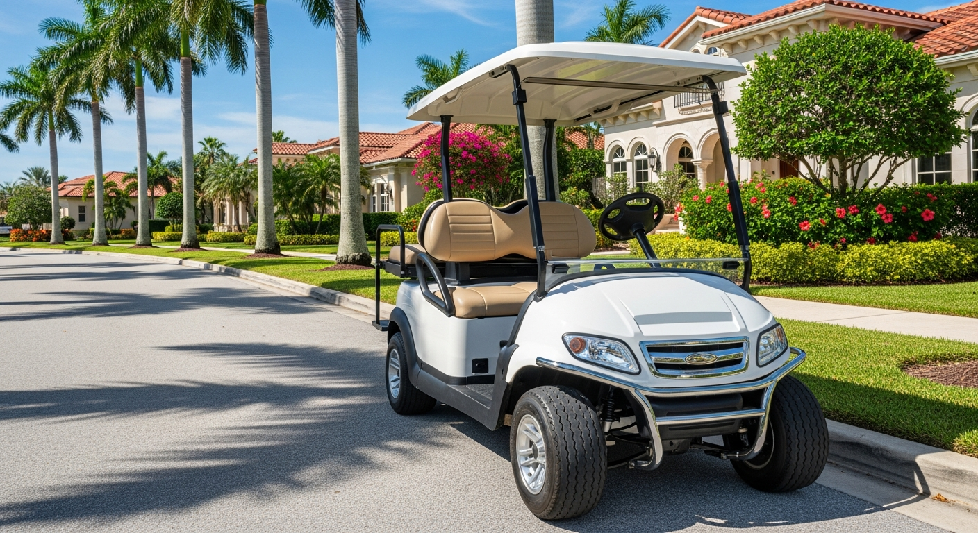 Upscale golf cart on an elegant palm-lined avenue in The Woodlands, Texas