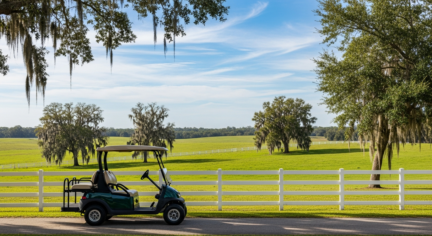 Electric golf cart parked beside a white-fenced horse farm near Waco, Texas
